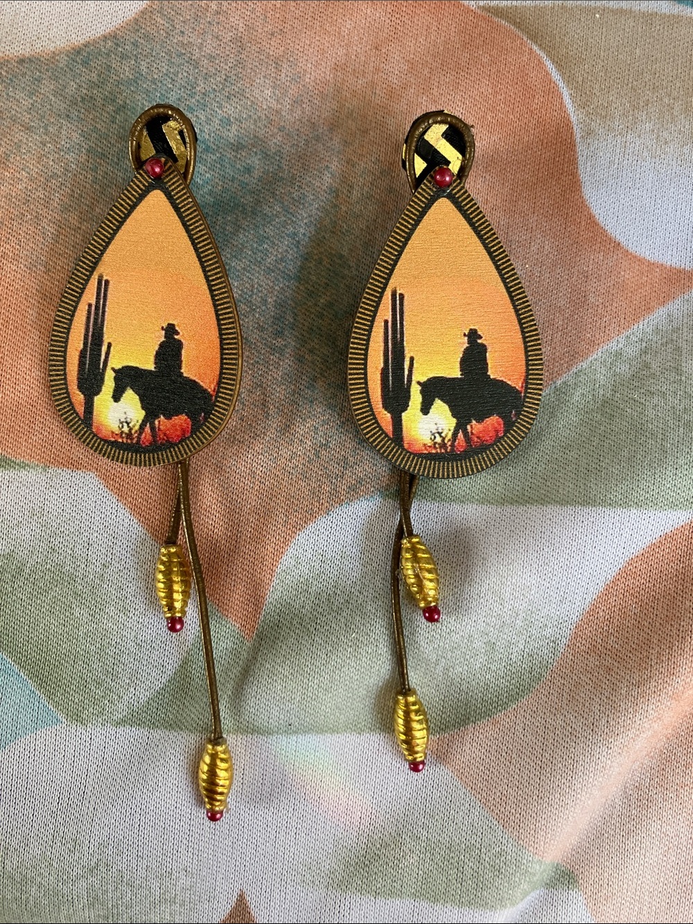 Handmade Western Sunset Earrings Horse & Rider Big Statement Pierced Post